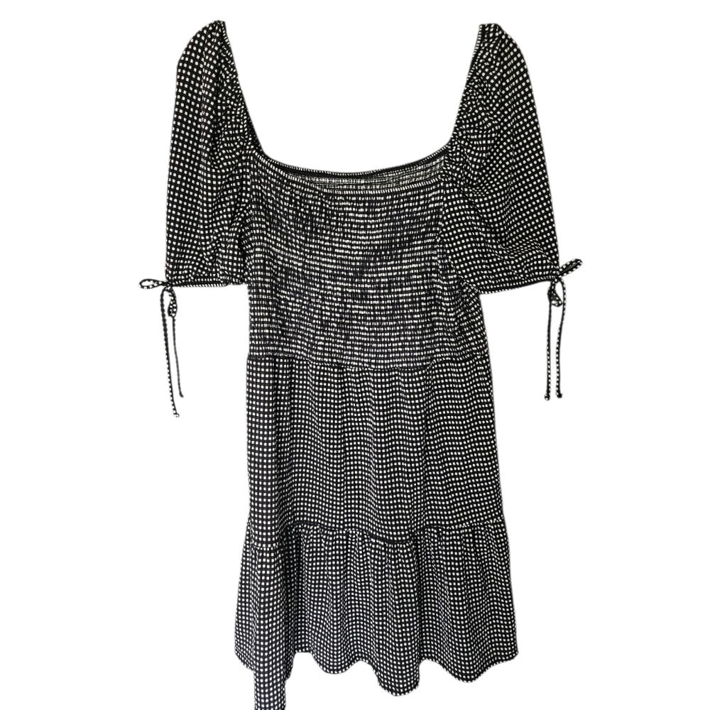 NWT Topshop Gingham Black & White Prairie Dress Size US 14 Ruffle Short Sleeve